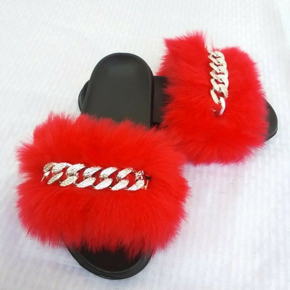 Red Faux Fur Slides/Slippers/With Chain - Picture 7 of 7